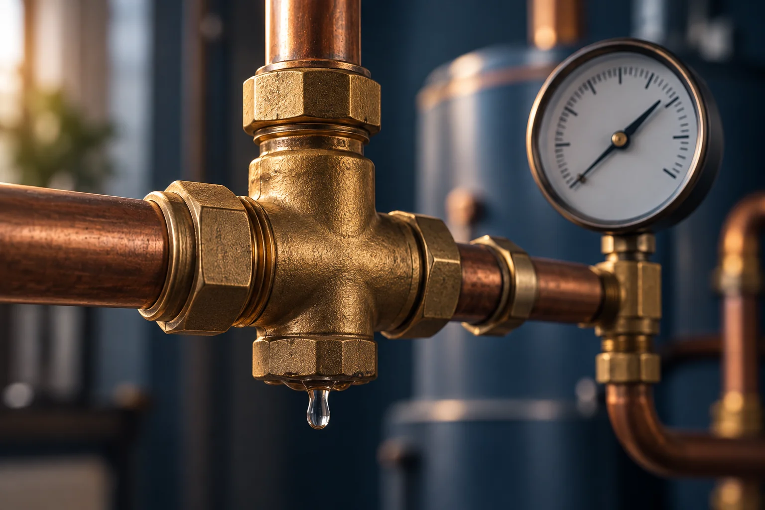 Illustration of a water droplet at a brass heating pipe junction beside a pressure gauge