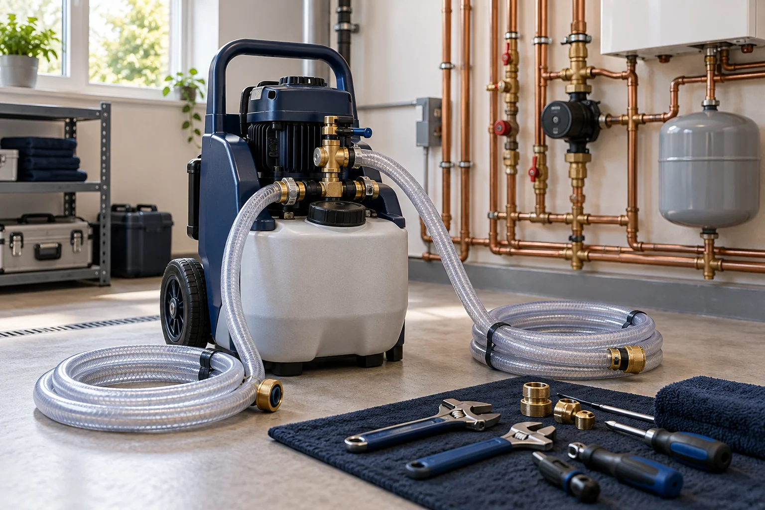 Illustration of portable flushing equipment and hoses beside heating pipework