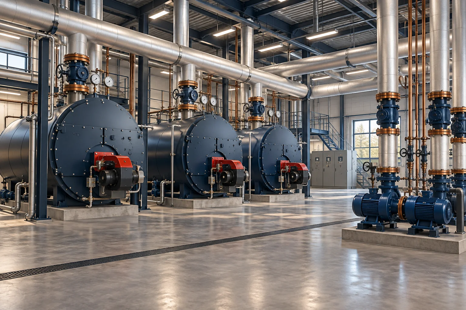 Illustration of a commercial boiler plant with insulated headers and circulating pumps