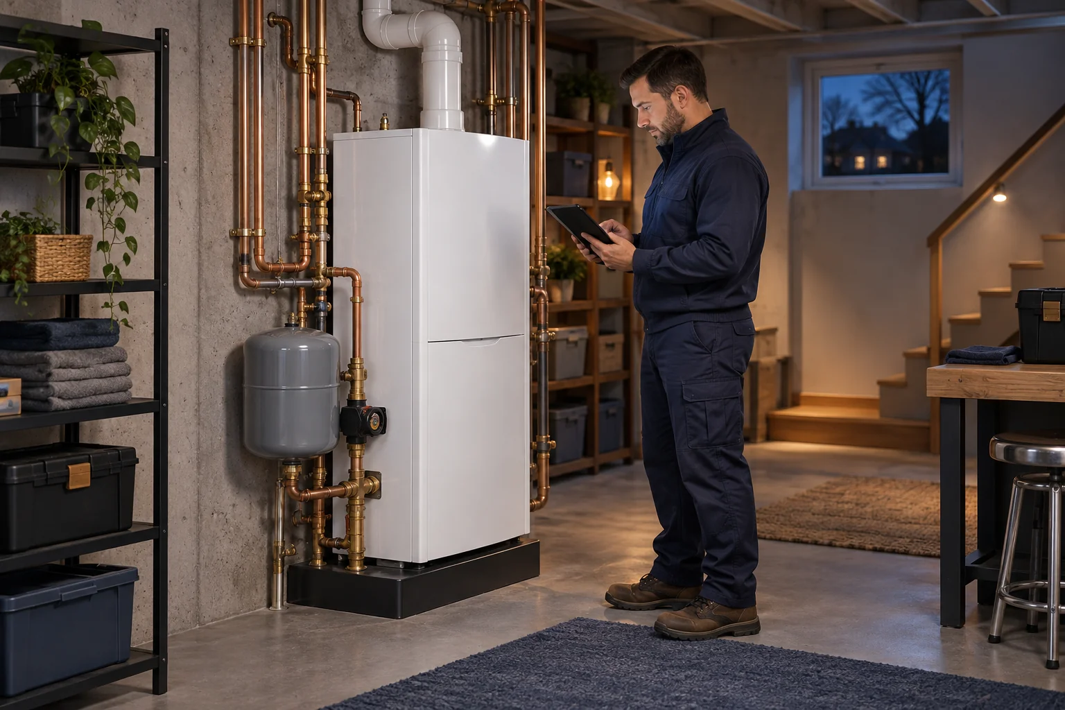 Illustration of a technician reviewing a tablet beside a closed residential boiler
