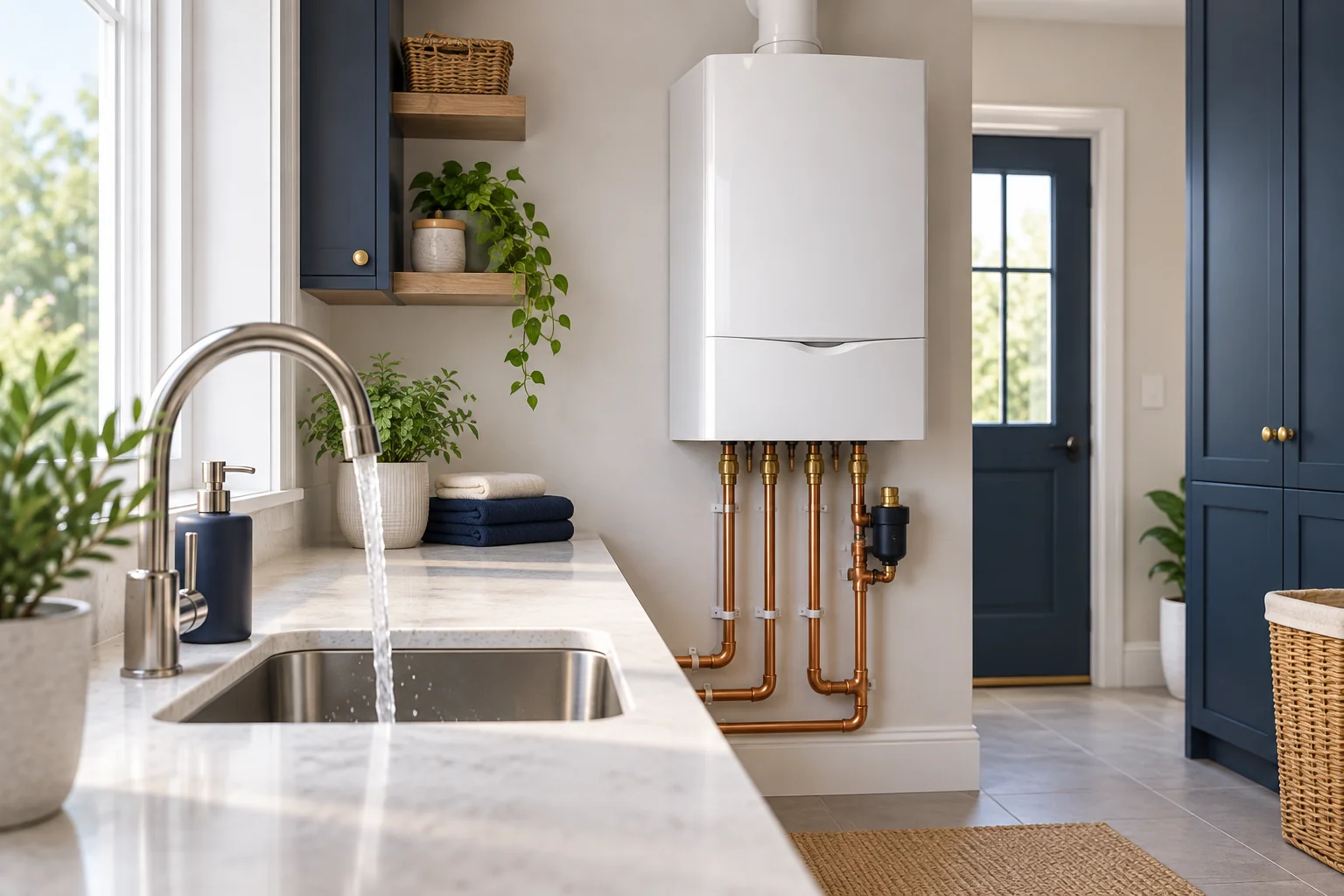 Illustration of a wall-mounted combi boiler, copper pipes and a hot-water tap
