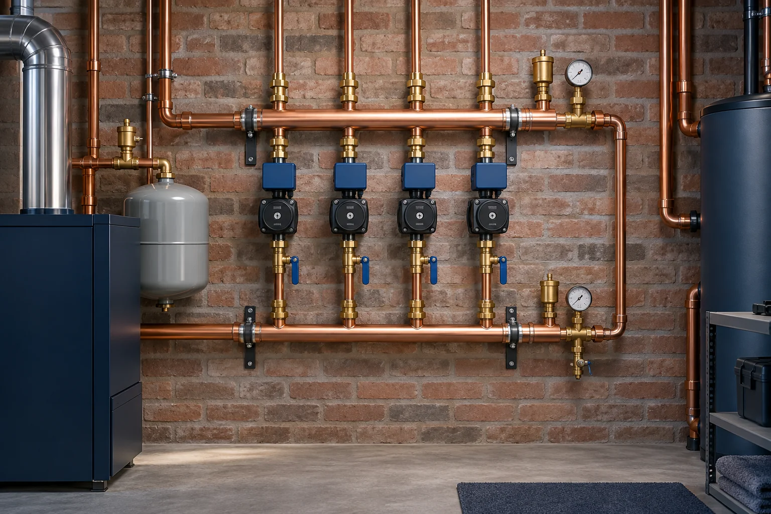 Illustration of a copper heating manifold and zone valves in a brick mechanical room
