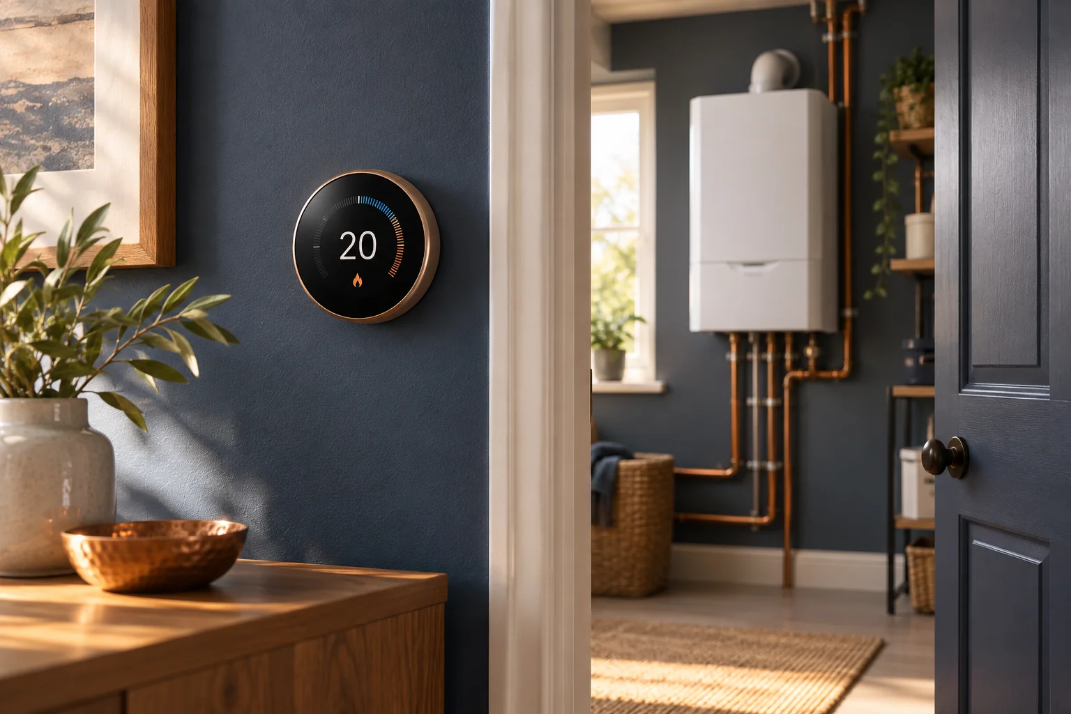 Illustration of a wall thermostat near a residential boiler-room doorway