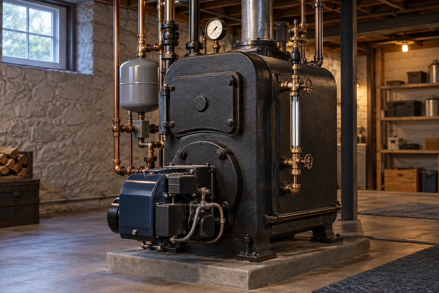 Illustration of a steam boiler with an oil burner and sight tube