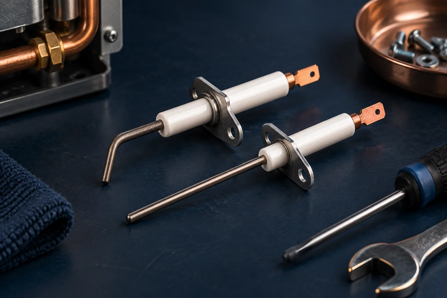 Illustration of a ceramic ignition electrode and flame sensor on a workbench