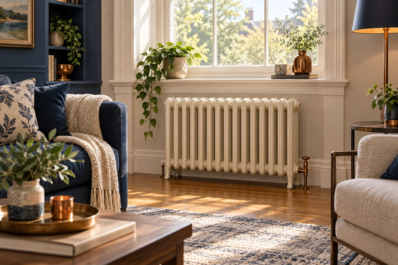 Illustration of a cast-iron radiator beneath a sunny living-room window
