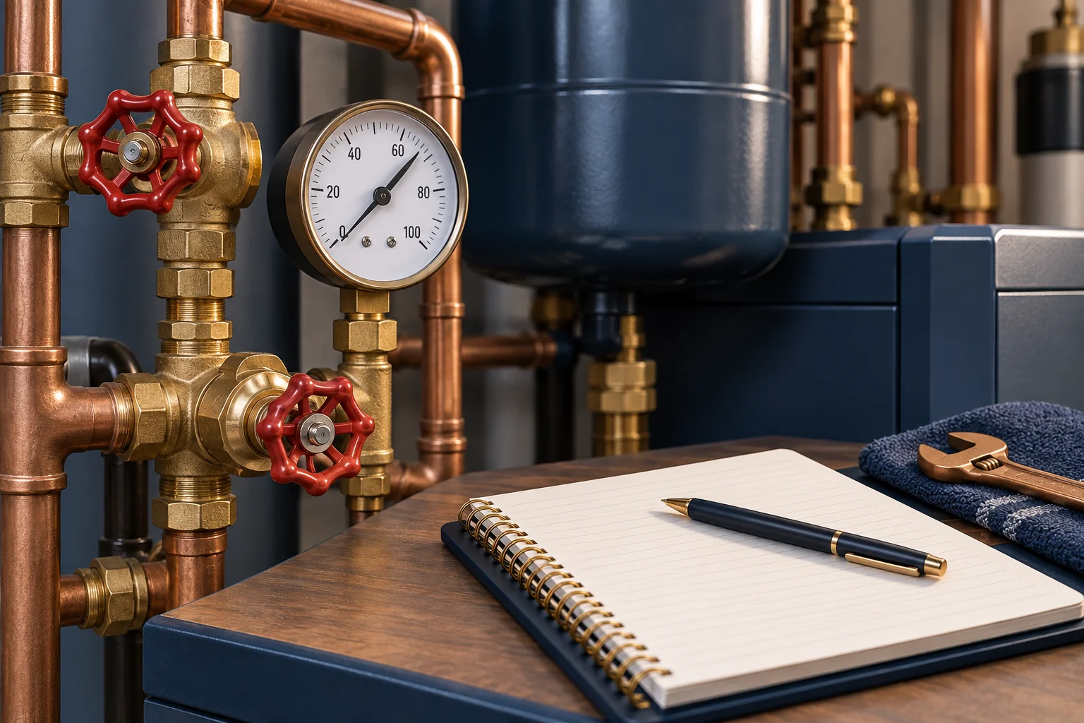 Illustration of heating pipe valves and a gauge beside a service notebook
