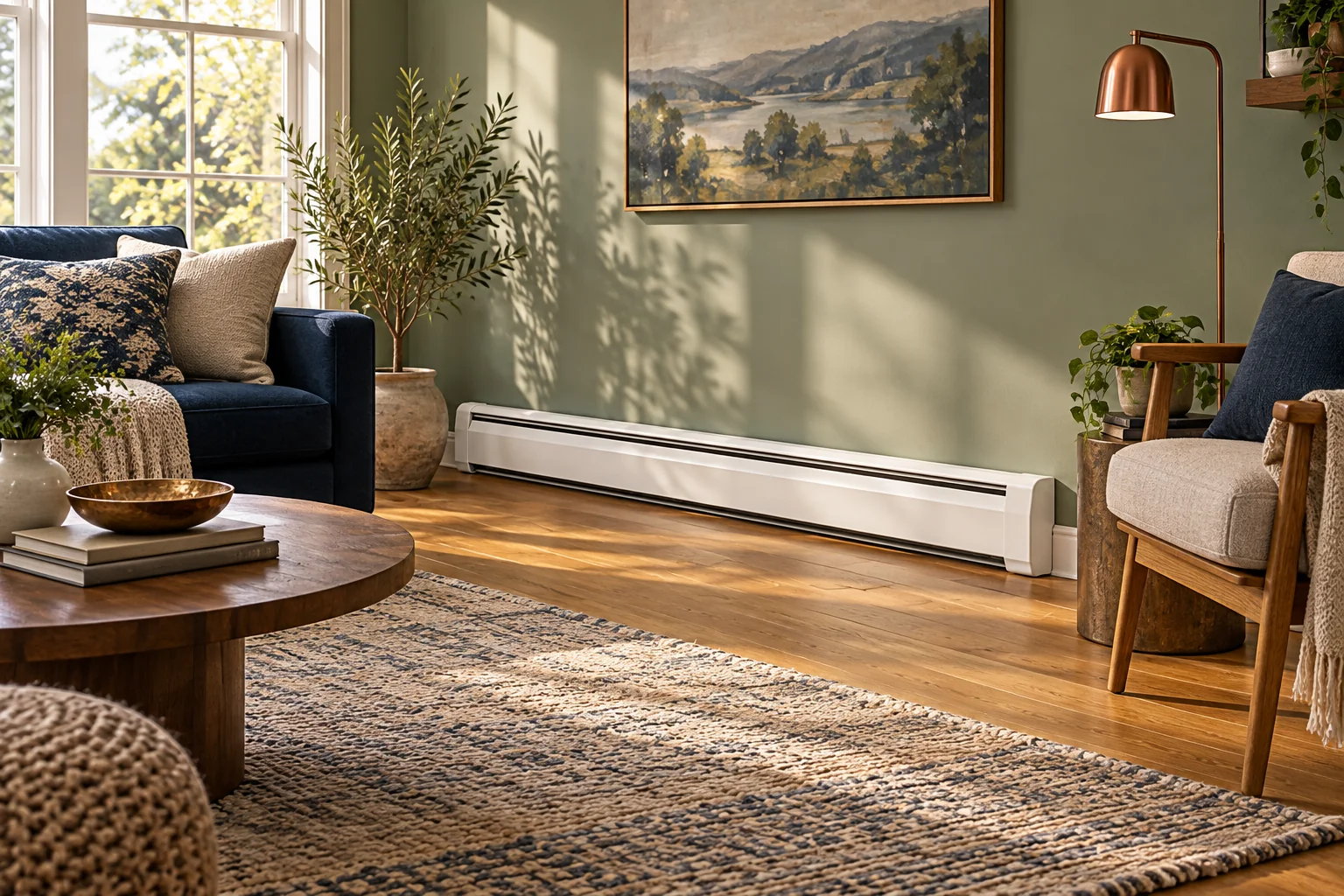 Illustration of a baseboard heater along a sage-green living-room wall